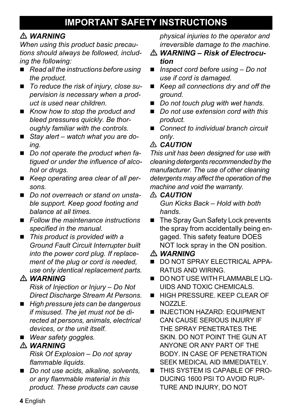Important safety instructions | Karcher K 2-26 M T50 User Manual | Page 4 / 52