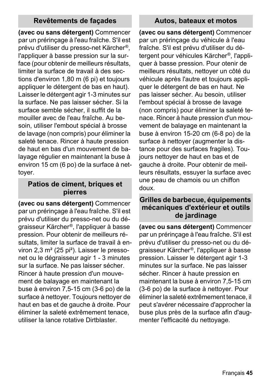 Revêtements de façades, Patios de ciment, briques et pierres, Autos, bateaux et motos | Karcher K 2-26 M T50 User Manual | Page 45 / 52