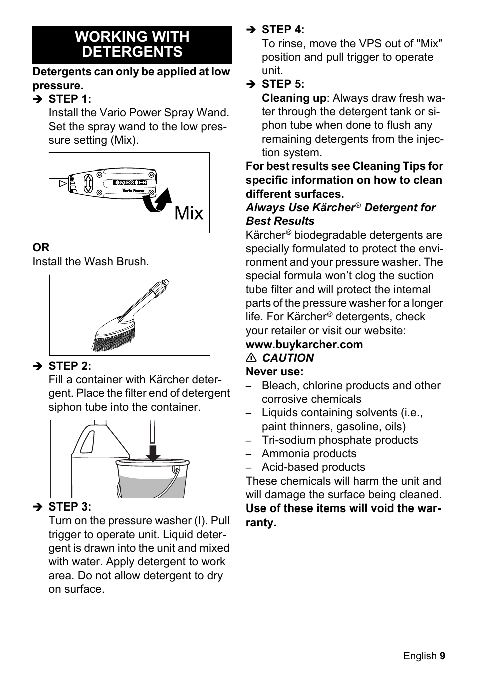 Working with detergents | Karcher K 2-26 M T50 User Manual | Page 9 / 52
