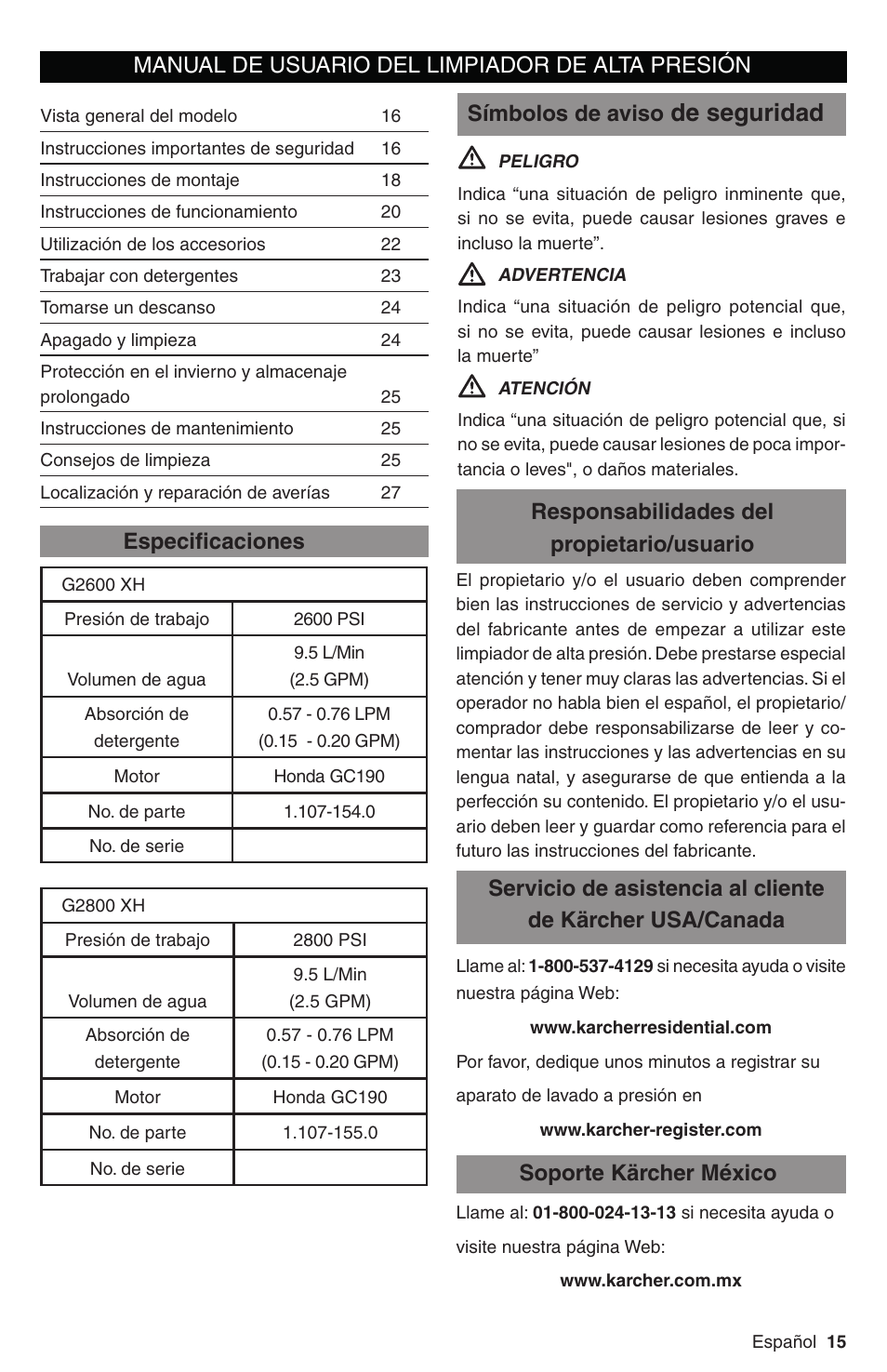 De seguridad, Especiﬁ caciones, Manual de usuario del limpiador de alta presión | Karcher G 3200 XH User Manual | Page 15 / 44