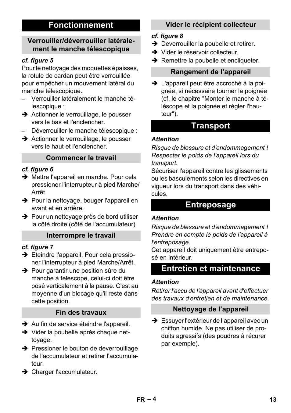 Fonctionnement, Transport entreposage entretien et maintenance | Karcher EB 30-1 User Manual | Page 13 / 24