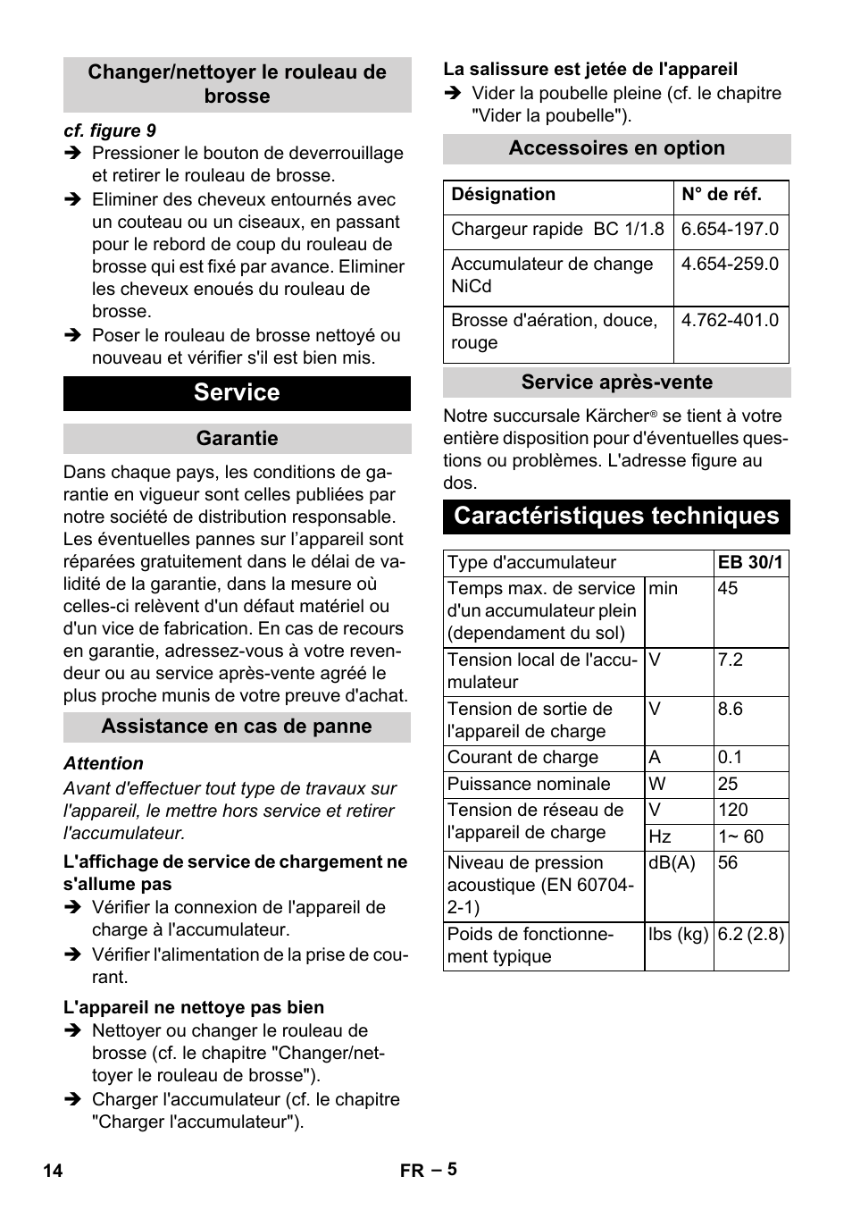 Service, Caractéristiques techniques | Karcher EB 30-1 User Manual | Page 14 / 24