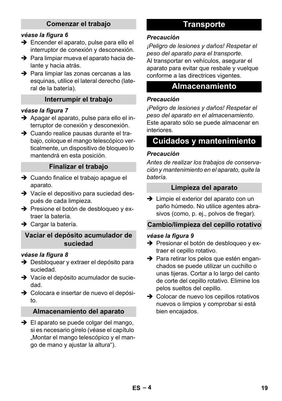 Transporte almacenamiento cuidados y mantenimiento | Karcher EB 30-1 User Manual | Page 19 / 24