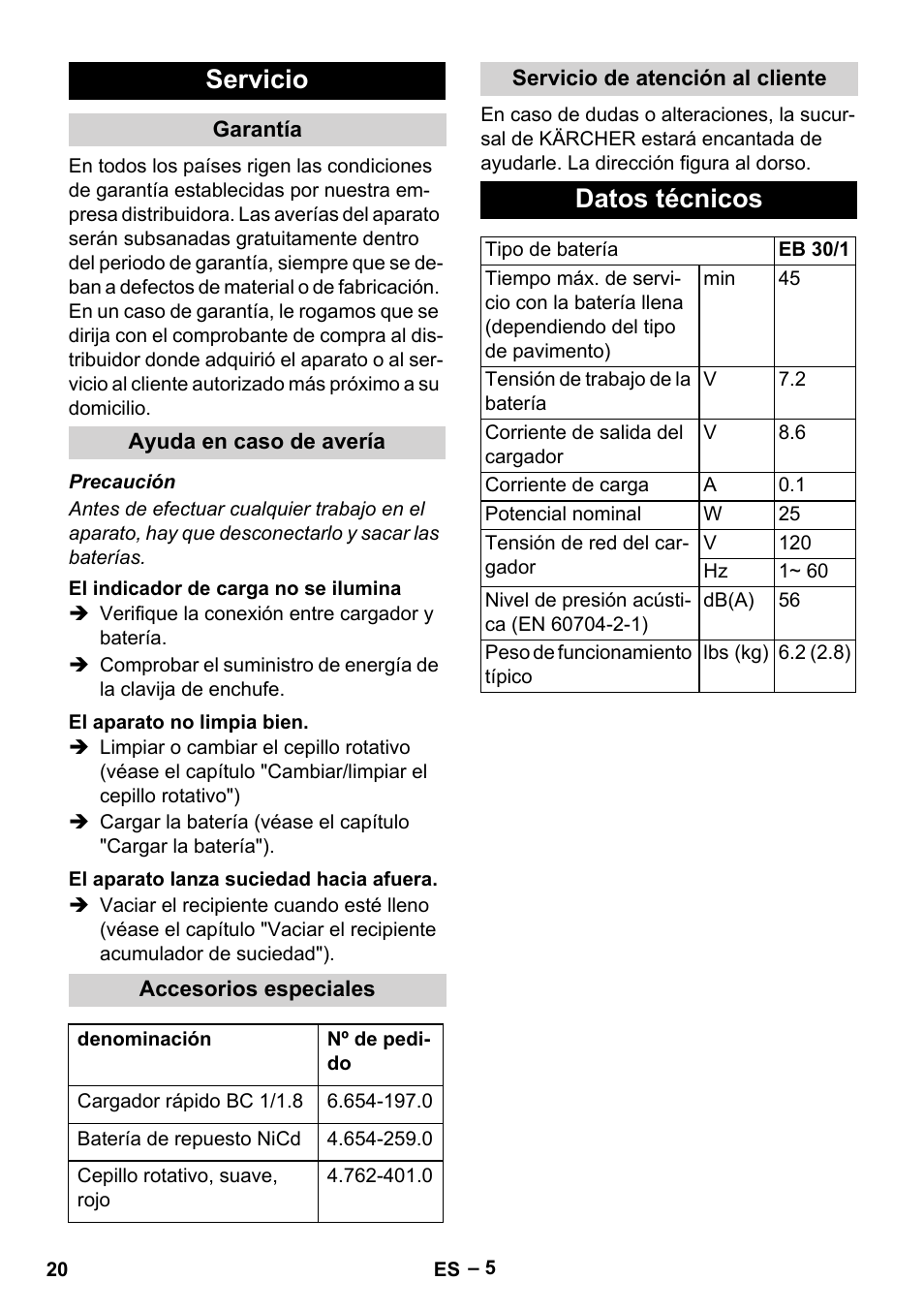 Servicio, Datos técnicos | Karcher EB 30-1 User Manual | Page 20 / 24