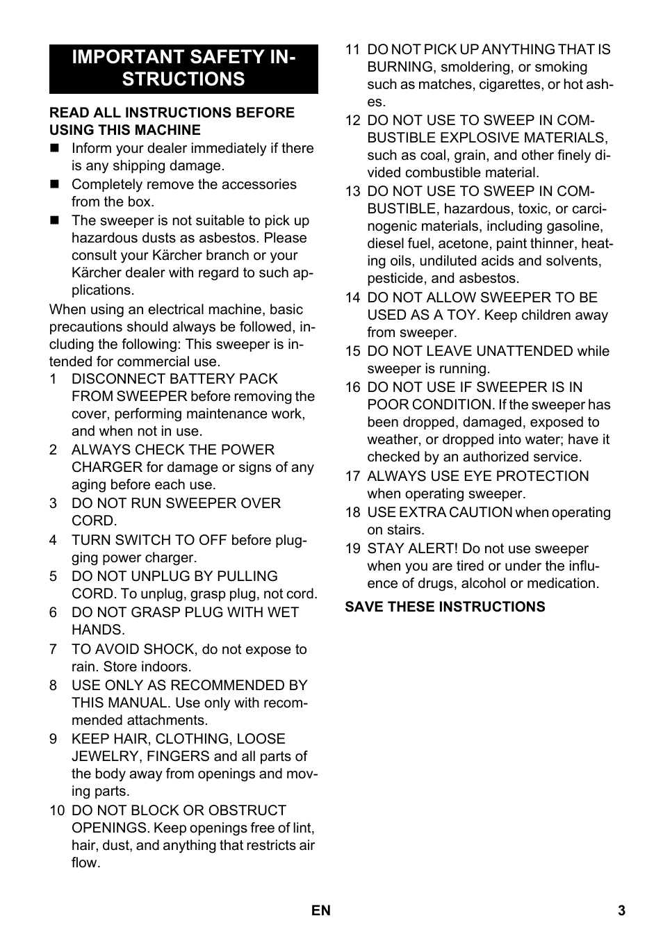 English, Important safety in- structions | Karcher EB 30-1 User Manual | Page 3 / 24