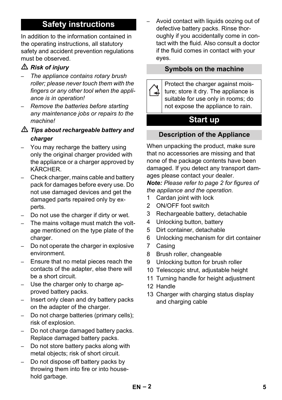 Safety instructions, Start up | Karcher EB 30-1 User Manual | Page 5 / 24