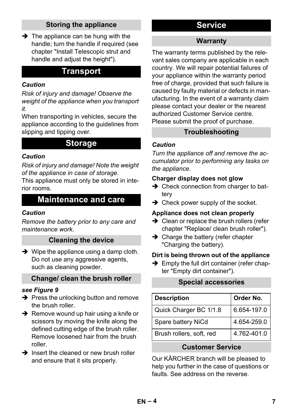 Transport storage maintenance and care, Service | Karcher EB 30-1 User Manual | Page 7 / 24