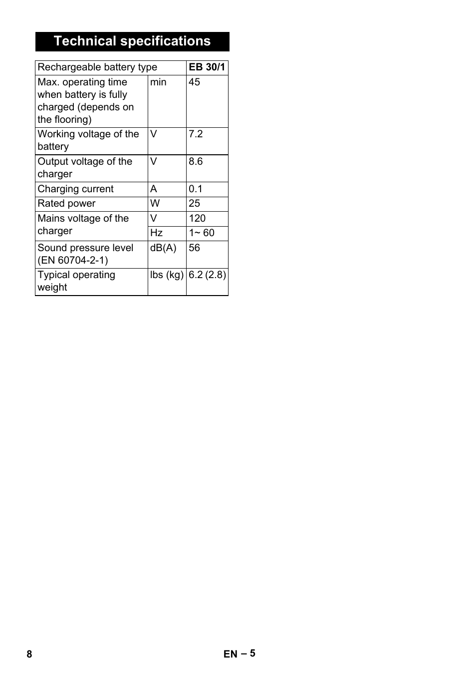 Technical specifications | Karcher EB 30-1 User Manual | Page 8 / 24