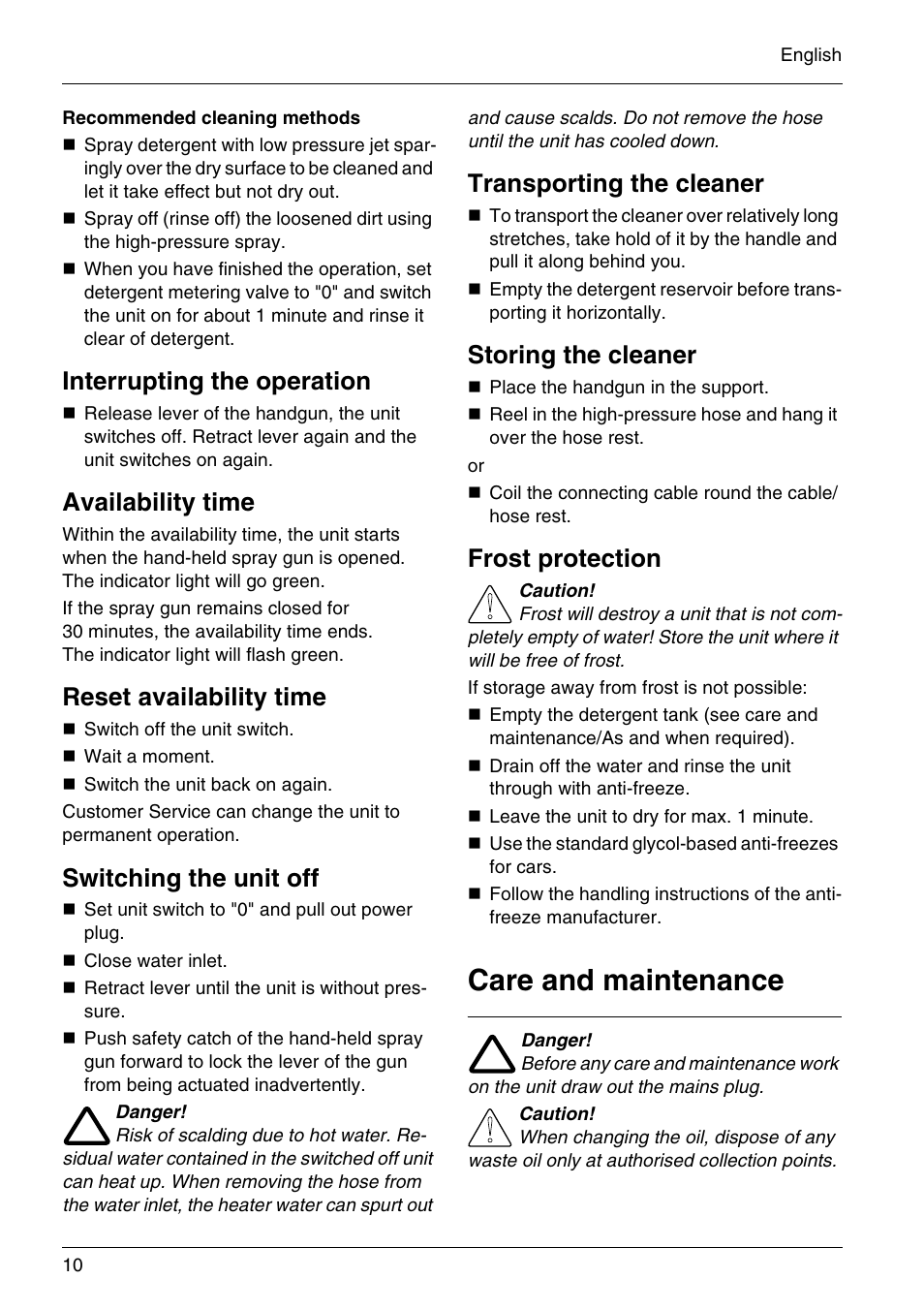 Care and maintenance, Interrupting the operation, Availability time | Reset availability time, Switching the unit off, Transporting the cleaner, Storing the cleaner, Frost protection | Karcher HD 3-7-22-4S Eg User Manual | Page 10 / 34