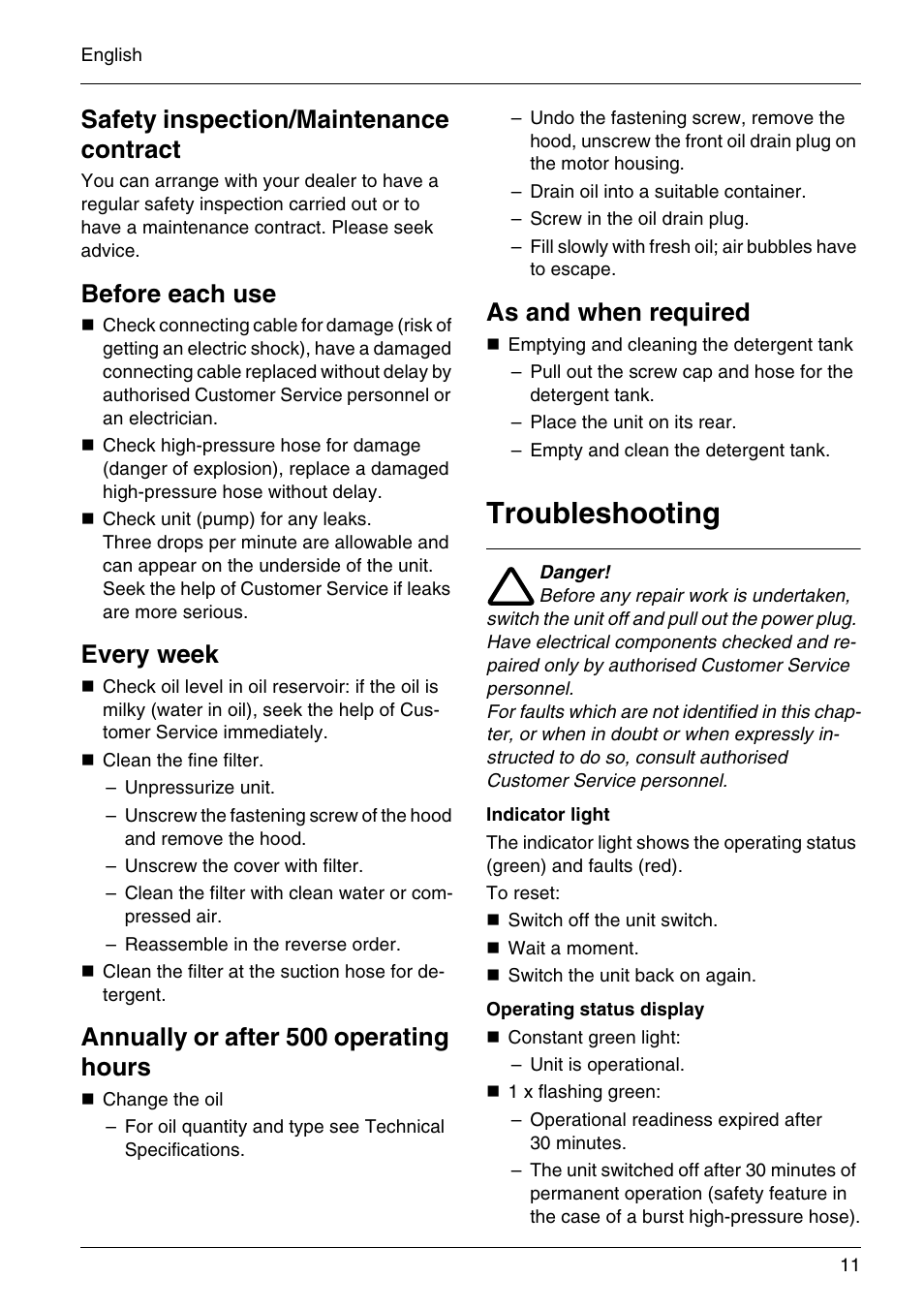 Troubleshooting, Safety inspection/maintenance contract, Before each use | Every week, Annually or after 500 operating hours, As and when required | Karcher HD 3-7-22-4S Eg User Manual | Page 11 / 34