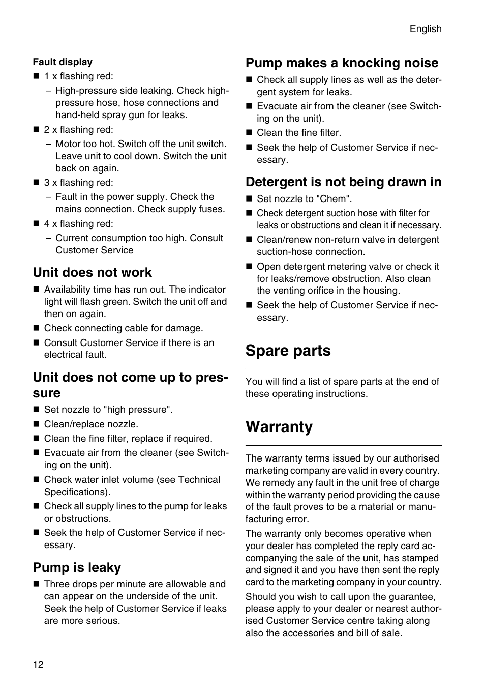 Spare parts, Warranty, Unit does not work | Unit does not come up to pres- sure, Pump is leaky, Pump makes a knocking noise, Detergent is not being drawn in | Karcher HD 3-7-22-4S Eg User Manual | Page 12 / 34