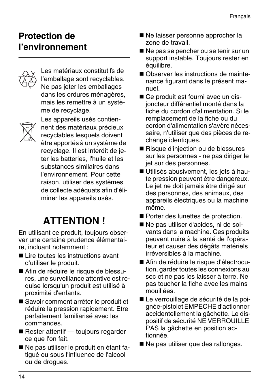 Attention, Protection de l’environnement | Karcher HD 3-7-22-4S Eg User Manual | Page 14 / 34