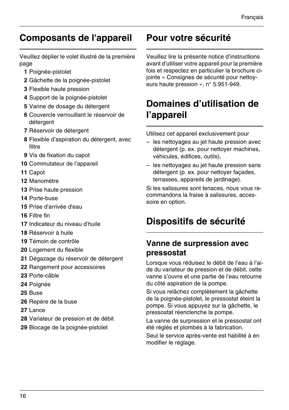 Composants de l'appareil, Pour votre sécurité, Domaines d’utilisation de l’appareil | Dispositifs de sécurité, Vanne de surpression avec pressostat | Karcher HD 3-7-22-4S Eg User Manual | Page 16 / 34