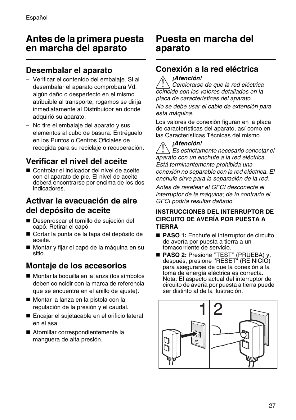 Antes de la primera puesta en marcha del aparato, Puesta en marcha del aparato, Desembalar el aparato | Verificar el nivel del aceite, Montaje de los accesorios, Conexión a la red eléctrica | Karcher HD 3-7-22-4S Eg User Manual | Page 27 / 34