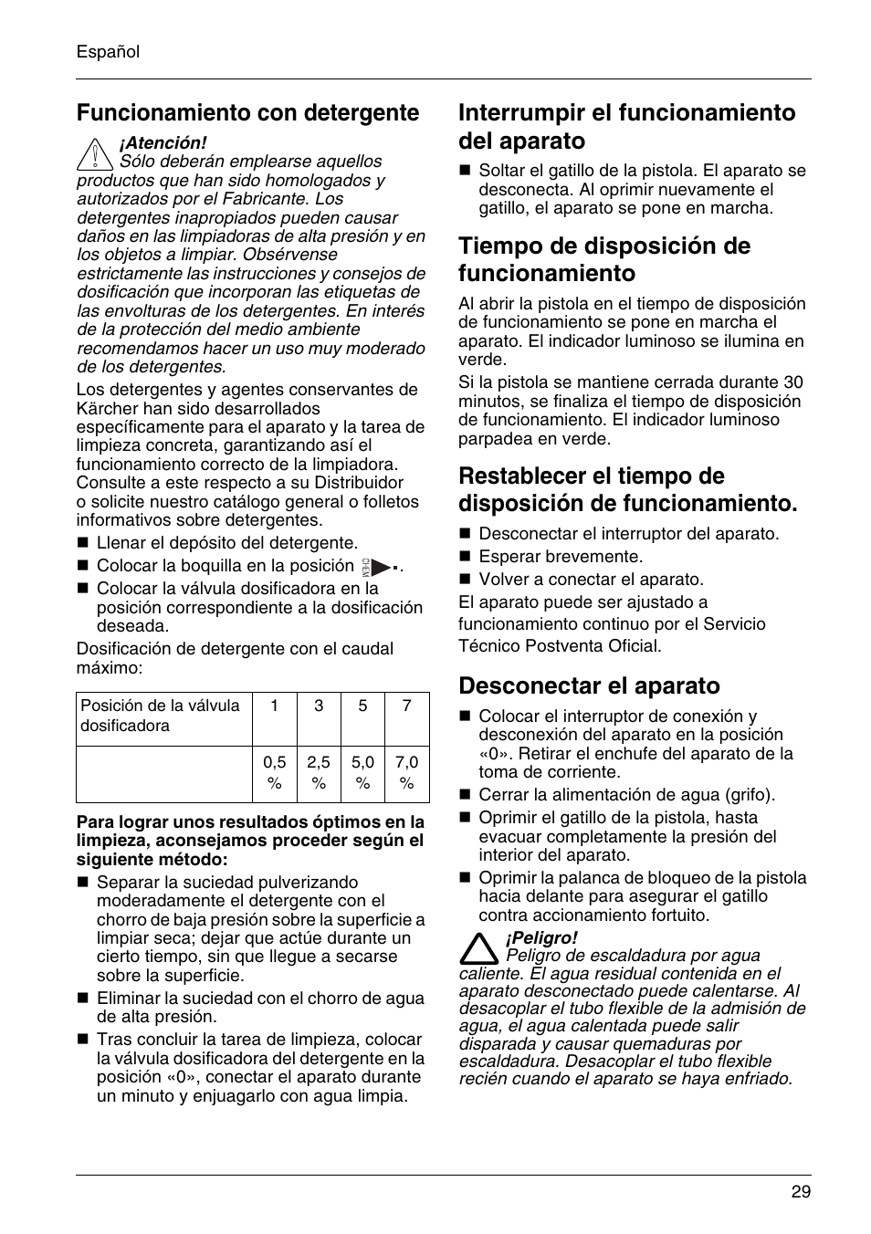 Funcionamiento con detergente, Interrumpir el funcionamiento del aparato, Tiempo de disposición de funcionamiento | Desconectar el aparato | Karcher HD 3-7-22-4S Eg User Manual | Page 29 / 34