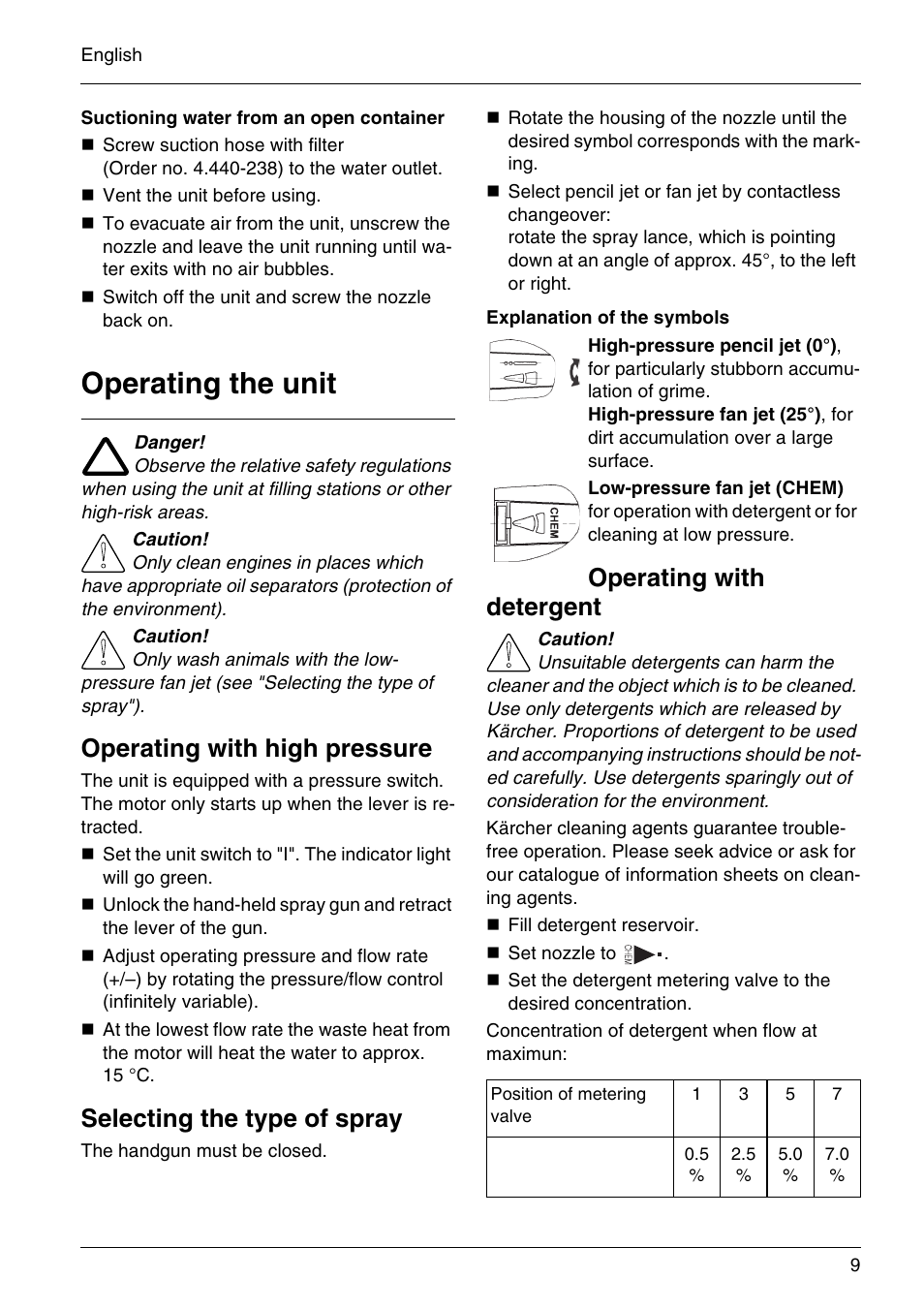 Operating the unit, Operating with high pressure, Selecting the type of spray | Operating with detergent | Karcher HD 3-7-22-4S Eg User Manual | Page 9 / 34