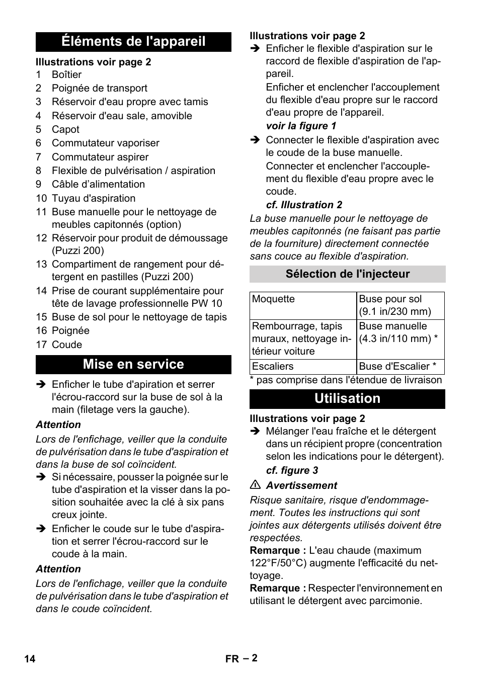 Éléments de l'appareil, Mise en service, Sélection de l'injecteur | Utilisation, Éléments de l'appareil mise en service | Karcher PUZZI 100 CA User Manual | Page 14 / 32