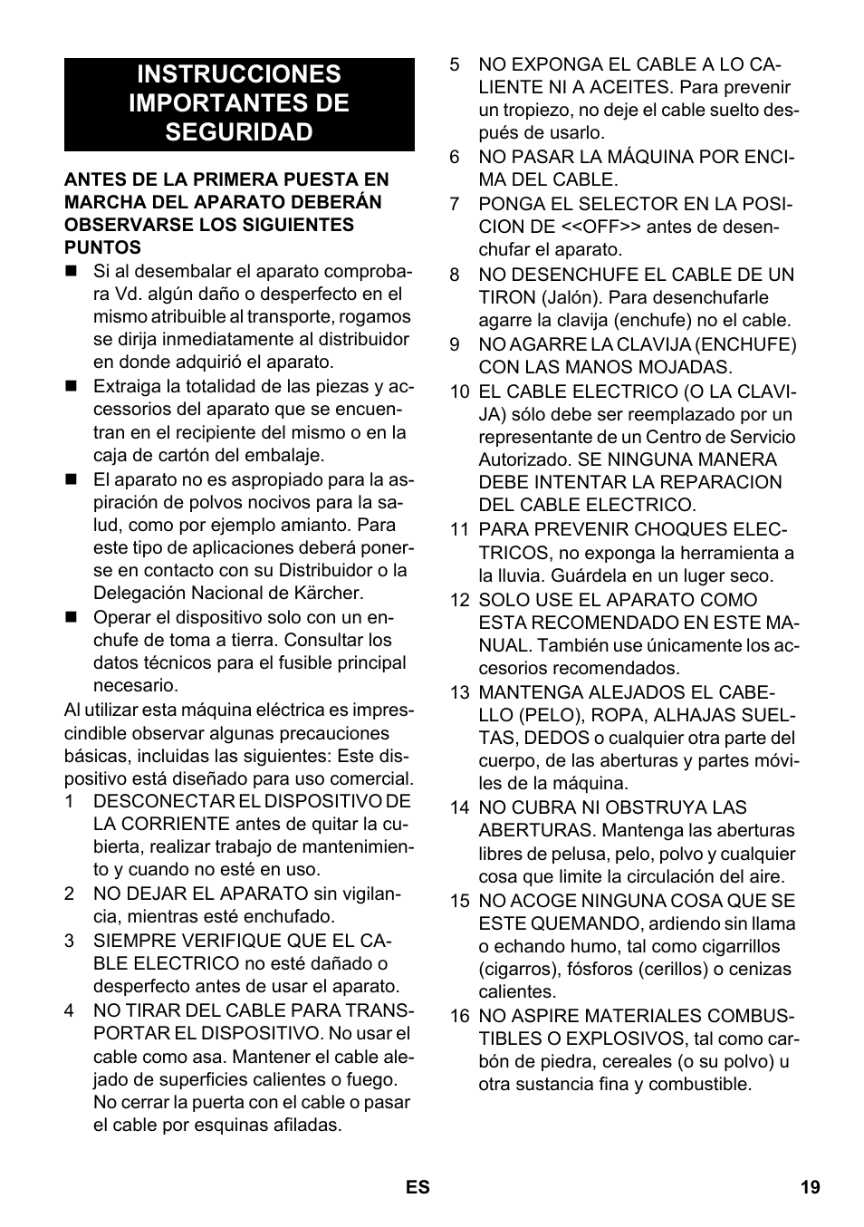 Español, Instrucciones importantes de seguridad | Karcher PUZZI 100 CA User Manual | Page 19 / 32