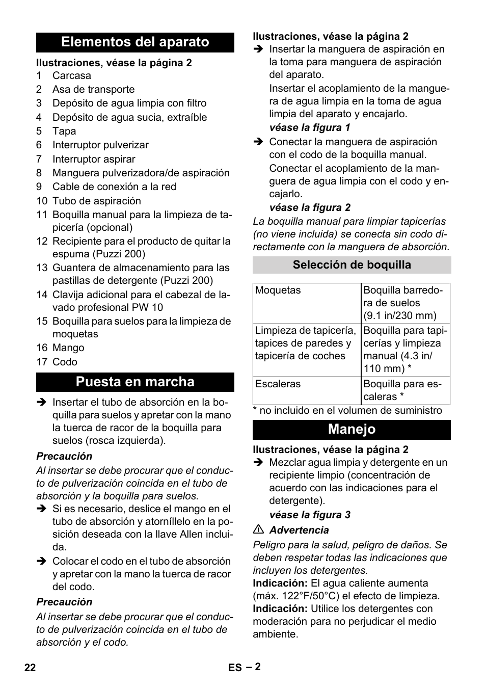 Elementos del aparato, Puesta en marcha, Selección de boquilla | Manejo, Elementos del aparato puesta en marcha | Karcher PUZZI 100 CA User Manual | Page 22 / 32