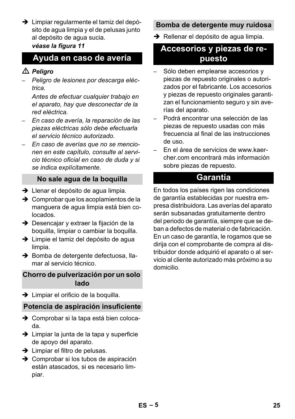 Ayuda en caso de avería, No sale agua de la boquilla, Chorro de pulverización por un solo lado | Potencia de aspiración insuficiente, Bomba de detergente muy ruidosa, Accesorios y piezas de repuesto, Garantía, Accesorios y piezas de re- puesto garantía | Karcher PUZZI 100 CA User Manual | Page 25 / 32