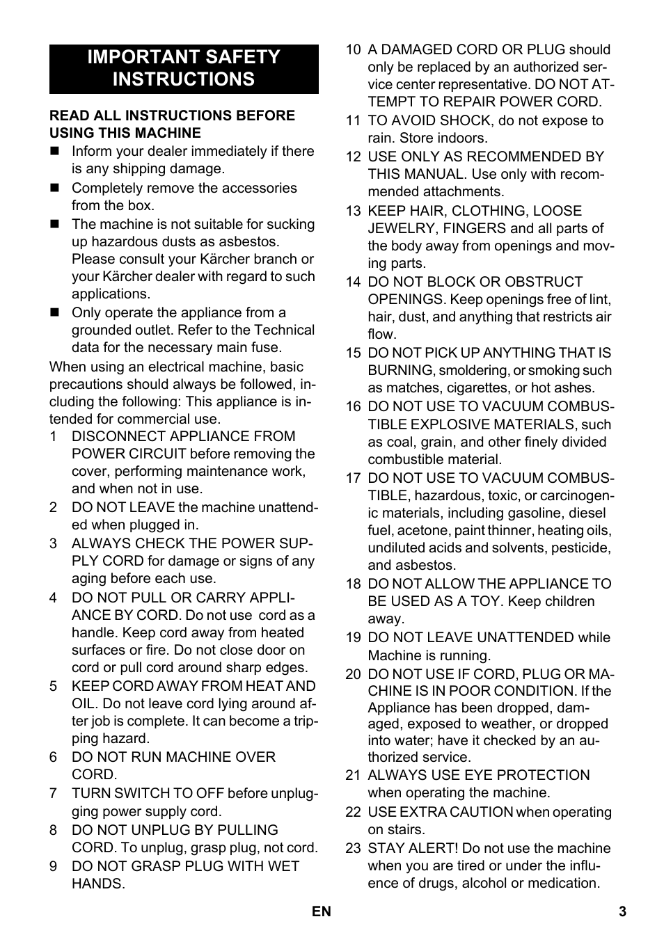 English, Important safety instructions | Karcher PUZZI 100 CA User Manual | Page 3 / 32