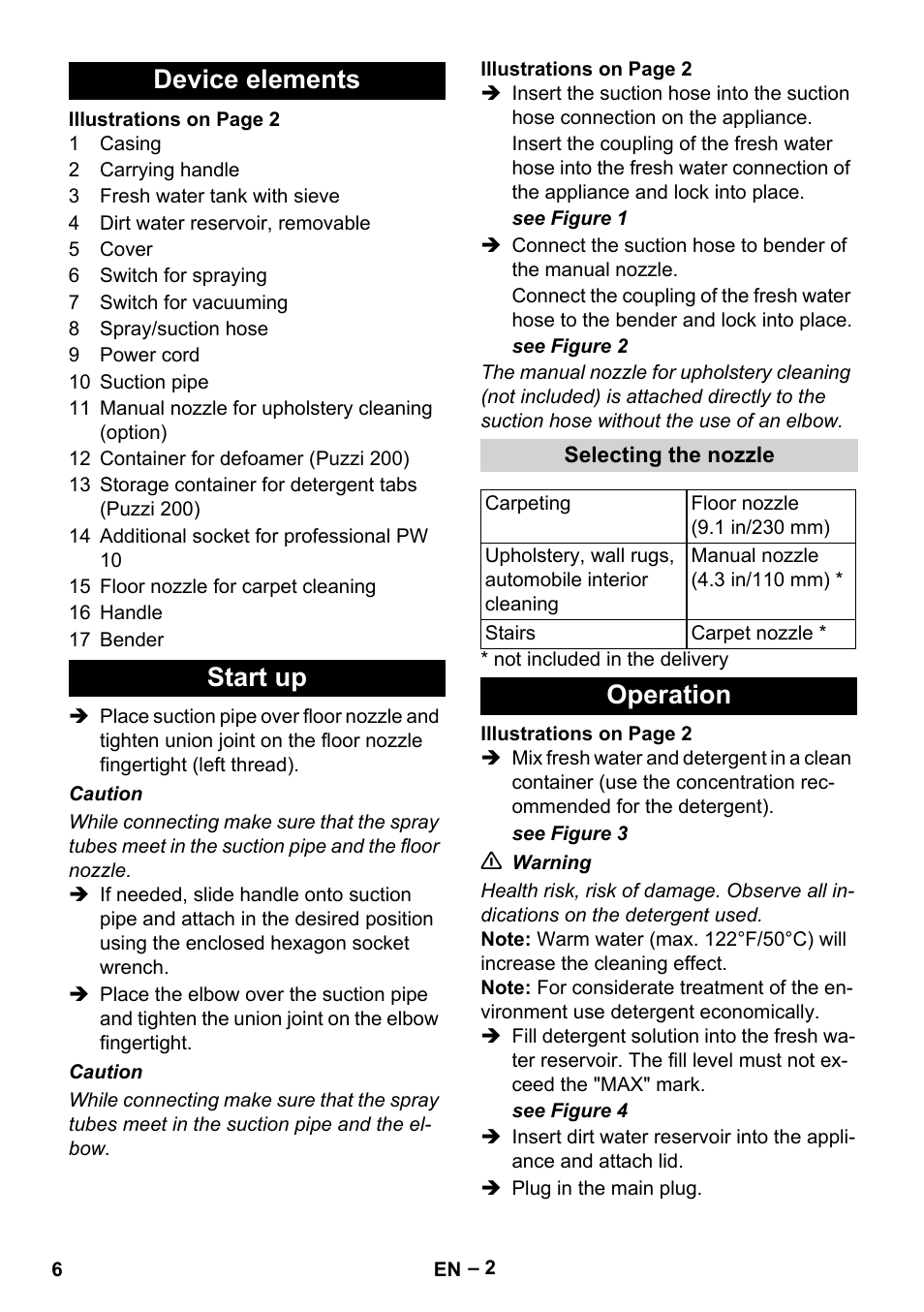 Device elements, Start up, Selecting the nozzle | Operation, Device elements start up | Karcher PUZZI 100 CA User Manual | Page 6 / 32