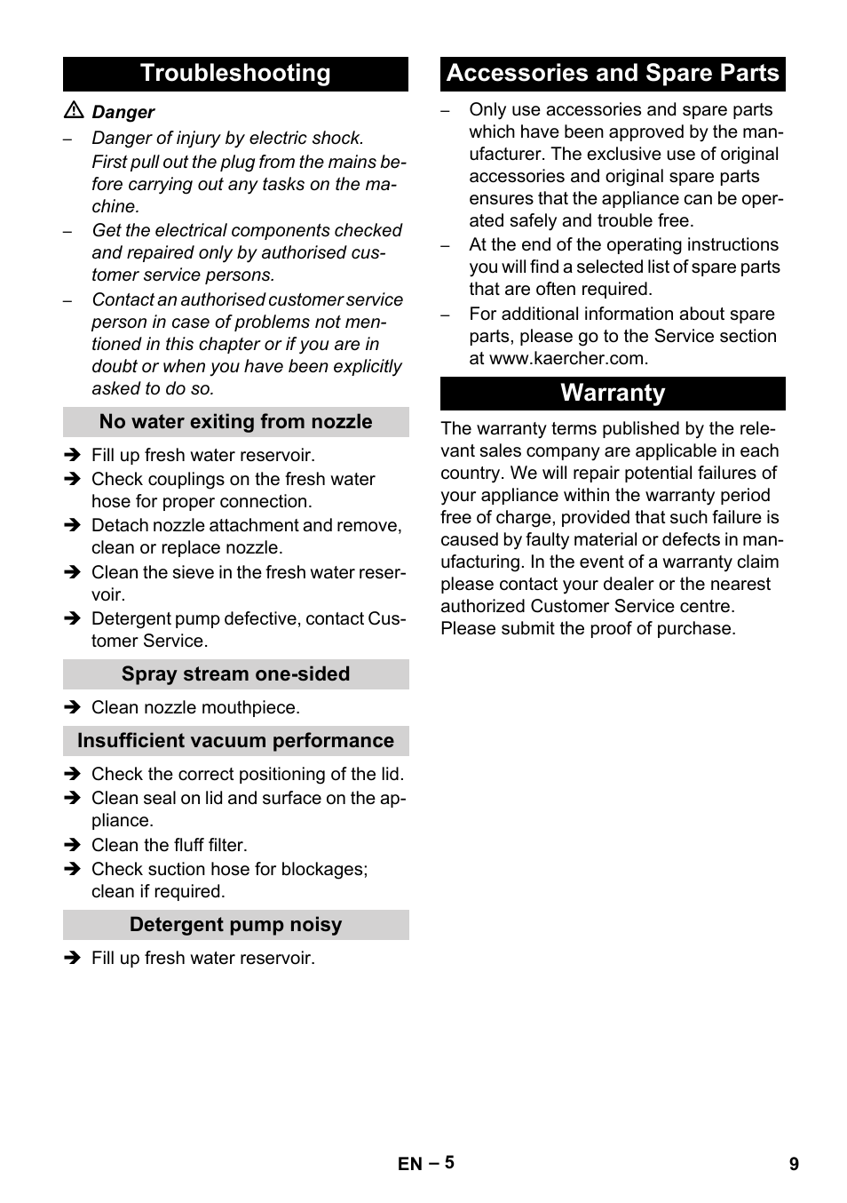 Troubleshooting, No water exiting from nozzle, Spray stream one-sided | Insufficient vacuum performance, Detergent pump noisy, Accessories and spare parts, Warranty, Accessories and spare parts warranty | Karcher PUZZI 100 CA User Manual | Page 9 / 32