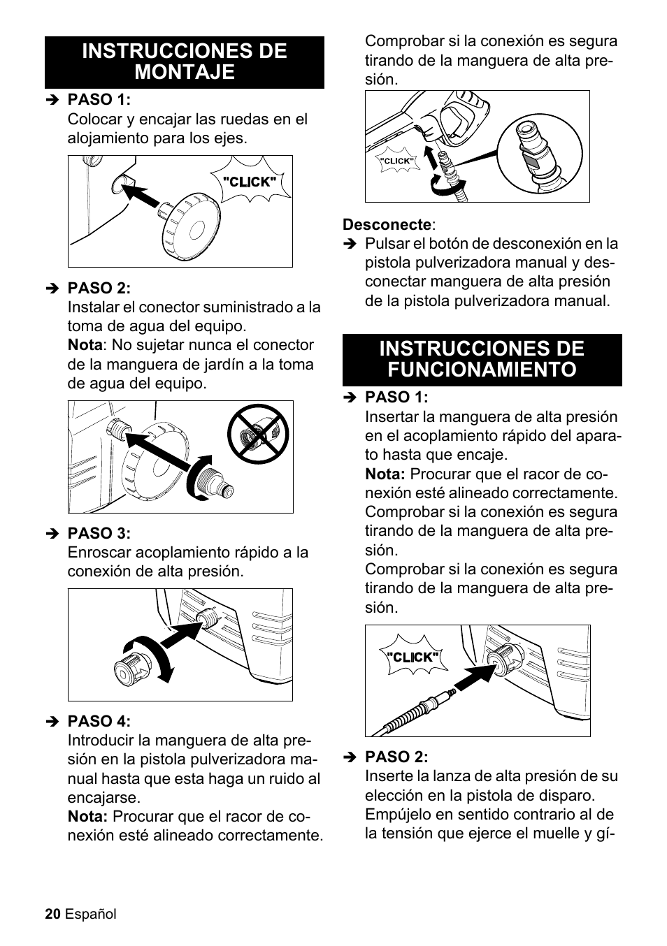 Instrucciones de montaje, Paso 1, Paso 2 | Paso 3, Paso 4, Desconecte, Instrucciones de funcionamiento | Karcher K 2-26 M Plus User Manual | Page 20 / 48