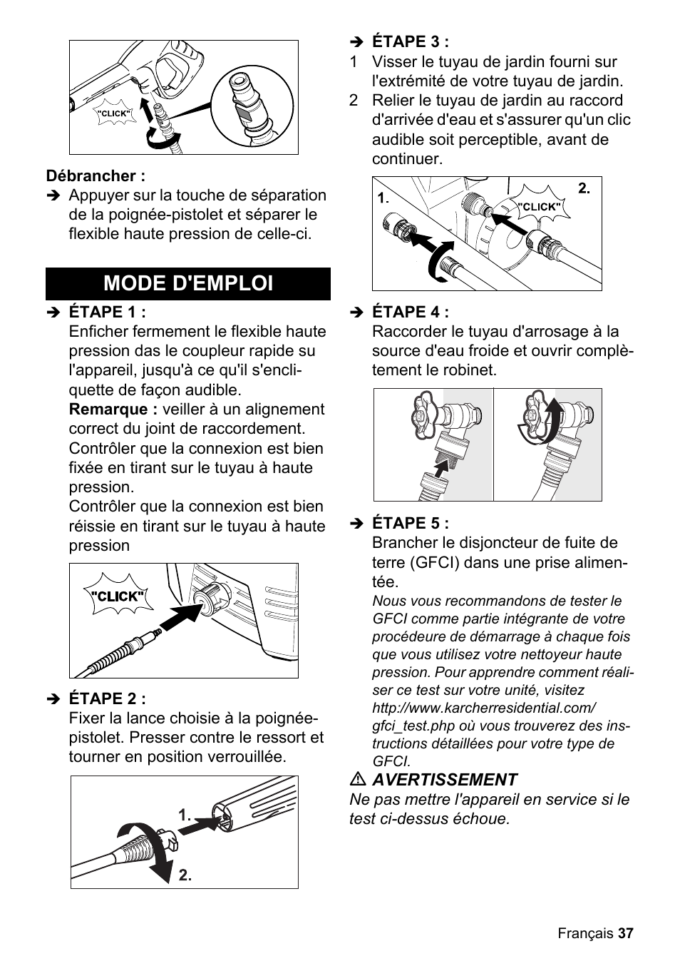 Débrancher, Mode d'emploi, Étape 1 | Étape 2, Étape 3, Étape 4, Étape 5, M avertissement | Karcher K 2-26 M Plus User Manual | Page 37 / 48