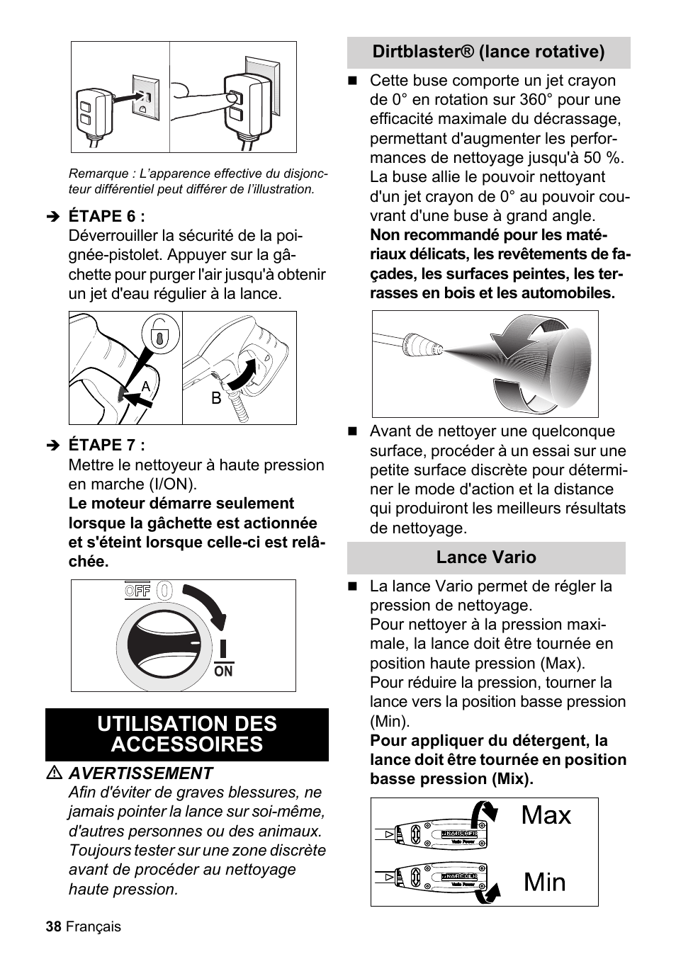 Étape 6, Étape 7, Utilisation des accessoires | M avertissement, Dirtblaster® (lance rotative), Lance vario | Karcher K 2-26 M Plus User Manual | Page 38 / 48