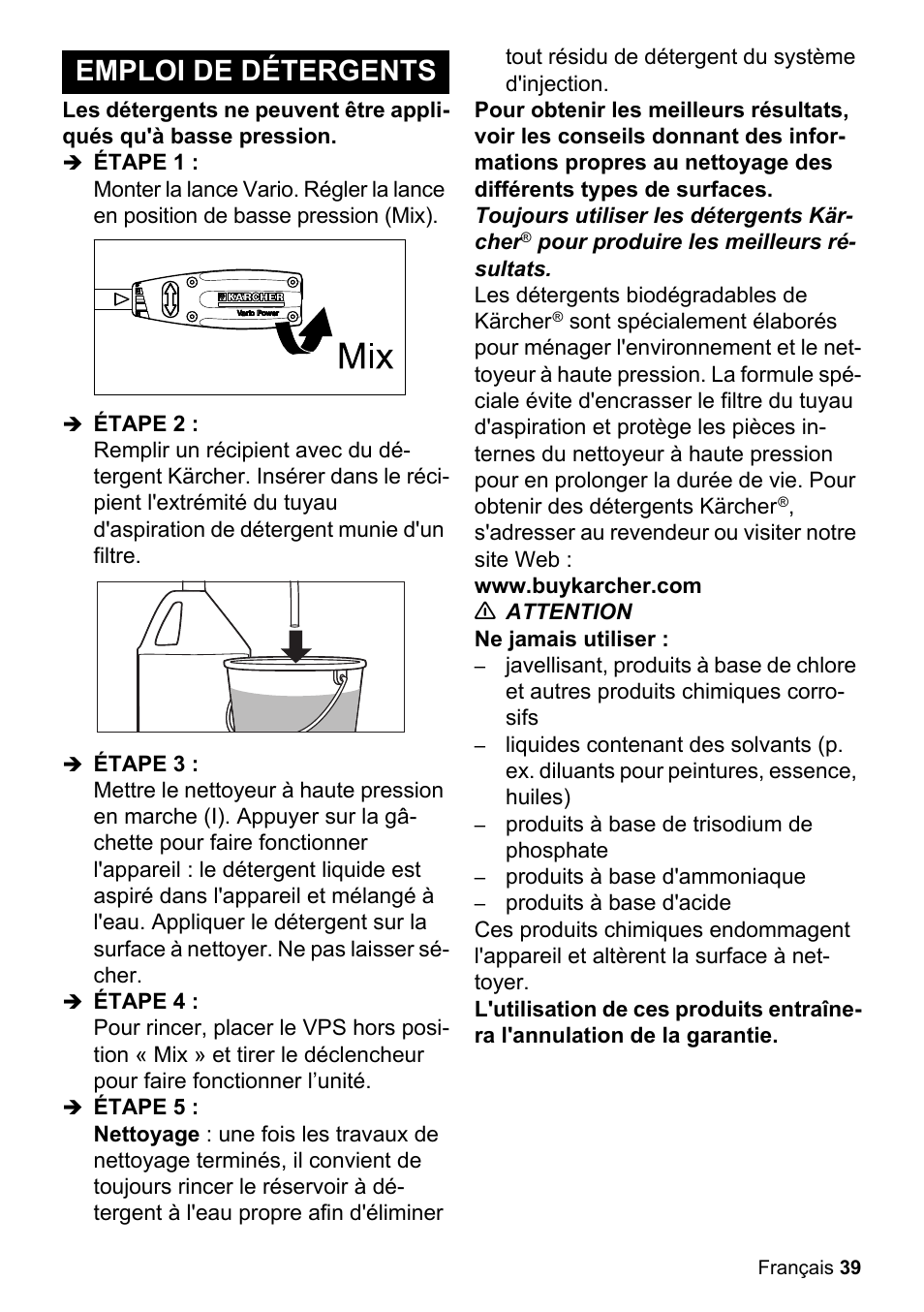 Emploi de détergents, Étape 1, Étape 2 | Étape 3, Étape 4, Étape 5, Www.buykarcher.com, N attention, Ne jamais utiliser, Produits à base de trisodium de phosphate | Karcher K 2-26 M Plus User Manual | Page 39 / 48