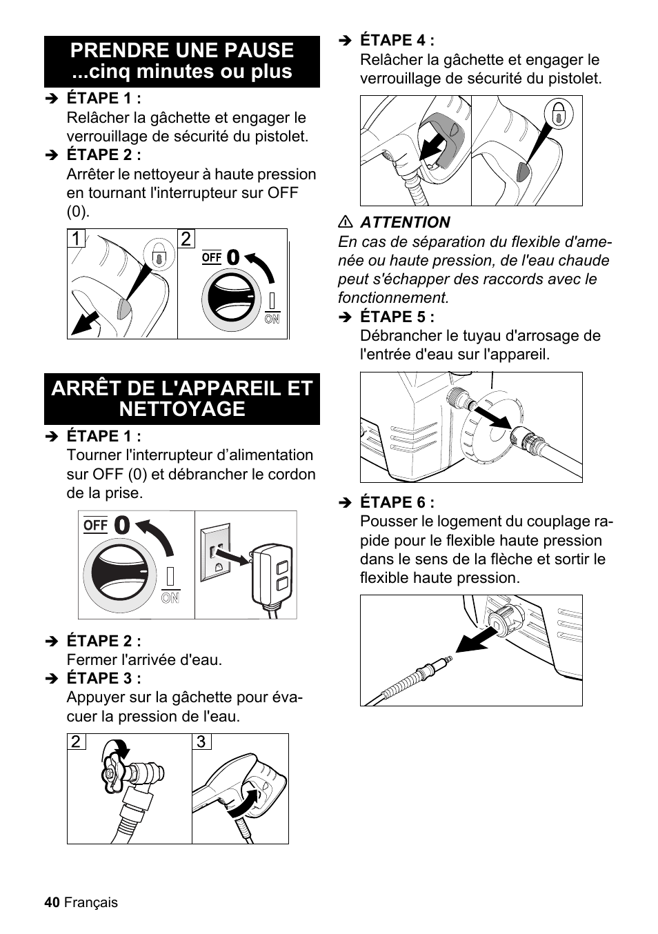 Prendre une pause ...cinq minutes ou plus, Étape 1, Étape 2 | Arrêt de l'appareil et nettoyage, Fermer l'arrivée d'eau, Étape 3, Étape 4, N attention, Étape 5, Étape 6 | Karcher K 2-26 M Plus User Manual | Page 40 / 48