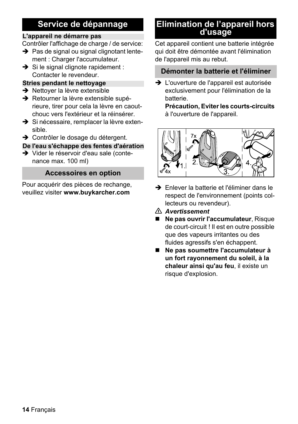 Service de dépannage, Elimination de l’appareil hors d'usage | Karcher WV 50 User Manual | Page 14 / 24