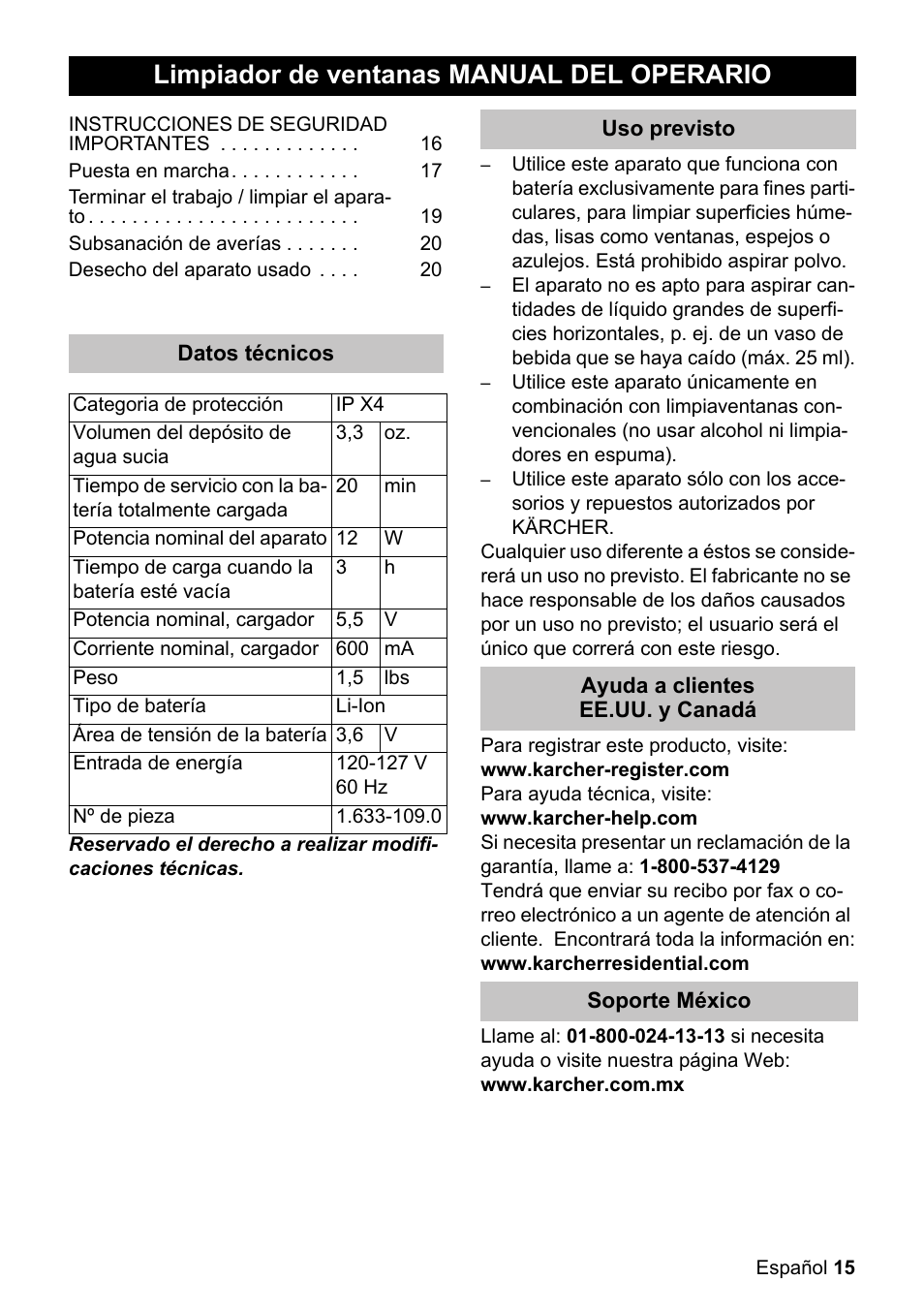 Limpiador de ventanas manual del operario | Karcher WV 50 User Manual | Page 15 / 24