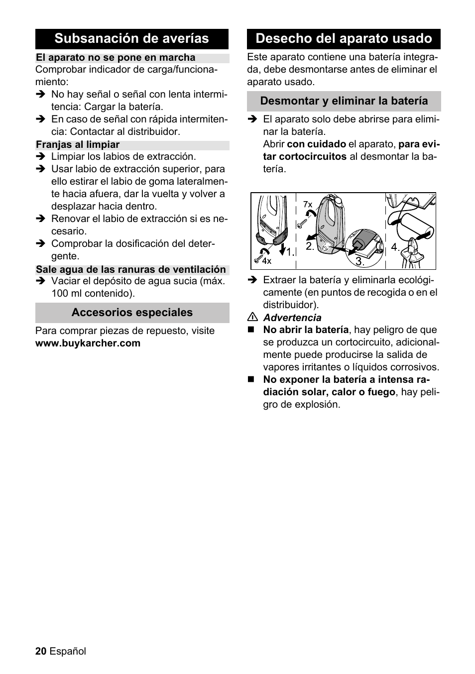 Subsanación de averías, Desecho del aparato usado | Karcher WV 50 User Manual | Page 20 / 24