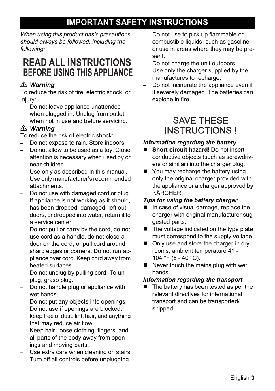 Important safety instruc, Tions, Important safety instructions | Karcher WV 50 User Manual | Page 3 / 24