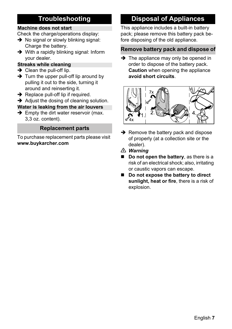 Troubleshooting, Disposal of appliances | Karcher WV 50 User Manual | Page 7 / 24