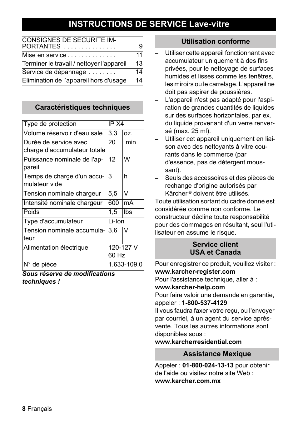 Instructions de service lave-vitre | Karcher WV 50 User Manual | Page 8 / 24