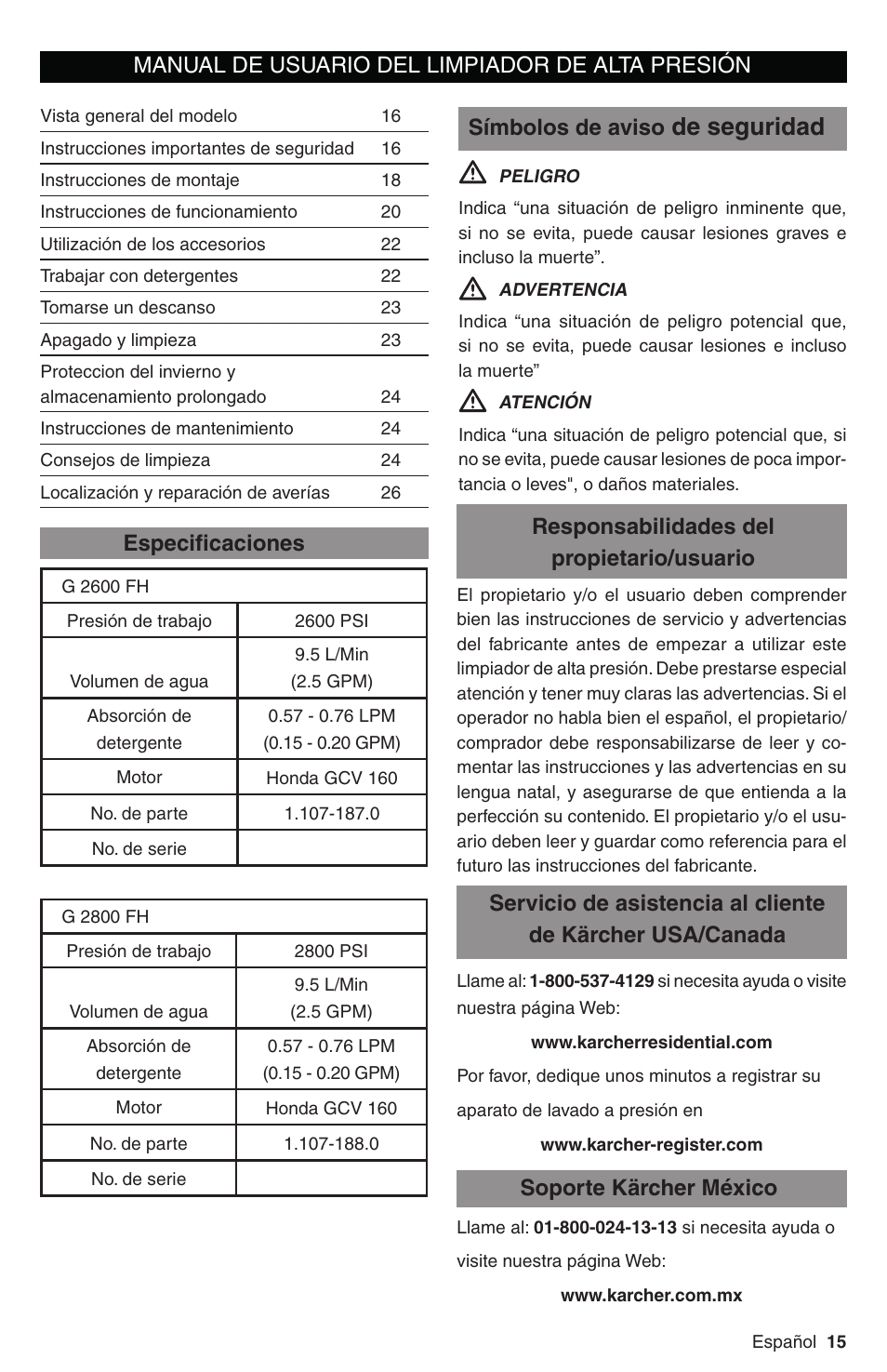 De seguridad, Manual de usuario del limpiador de alta presión | Karcher G 2800 FH User Manual | Page 15 / 44