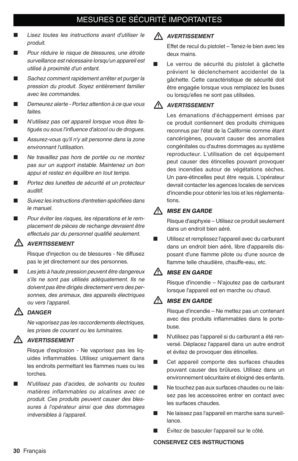Mesures de sécurité importantes | Karcher G 2800 FH User Manual | Page 30 / 44