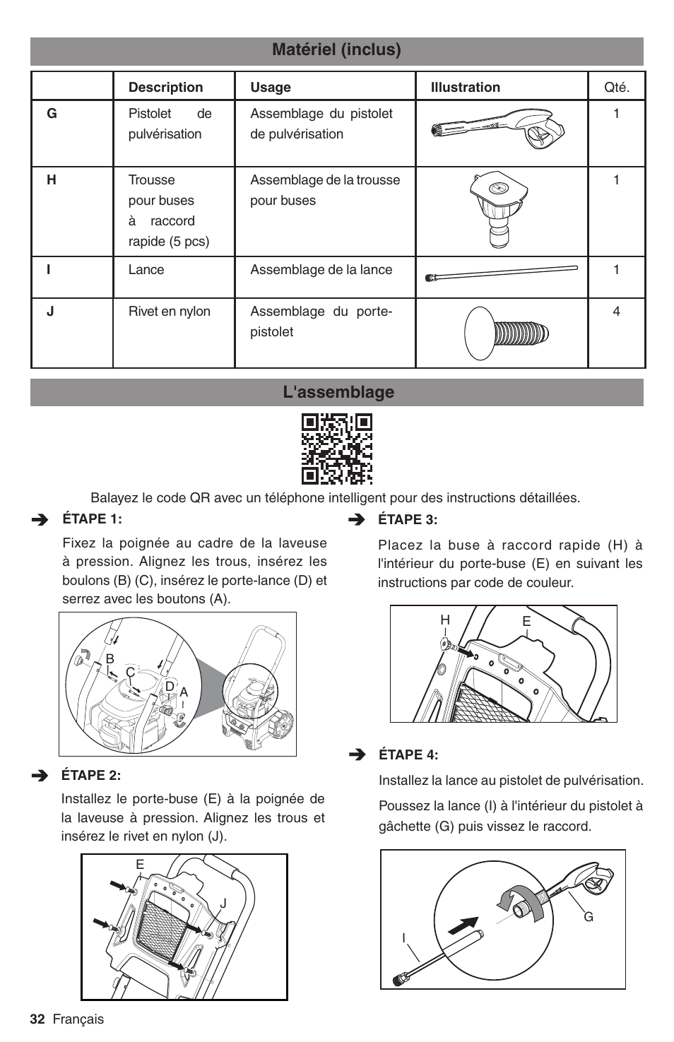 L'assemblage, Matériel (inclus) | Karcher G 2800 FH User Manual | Page 32 / 44