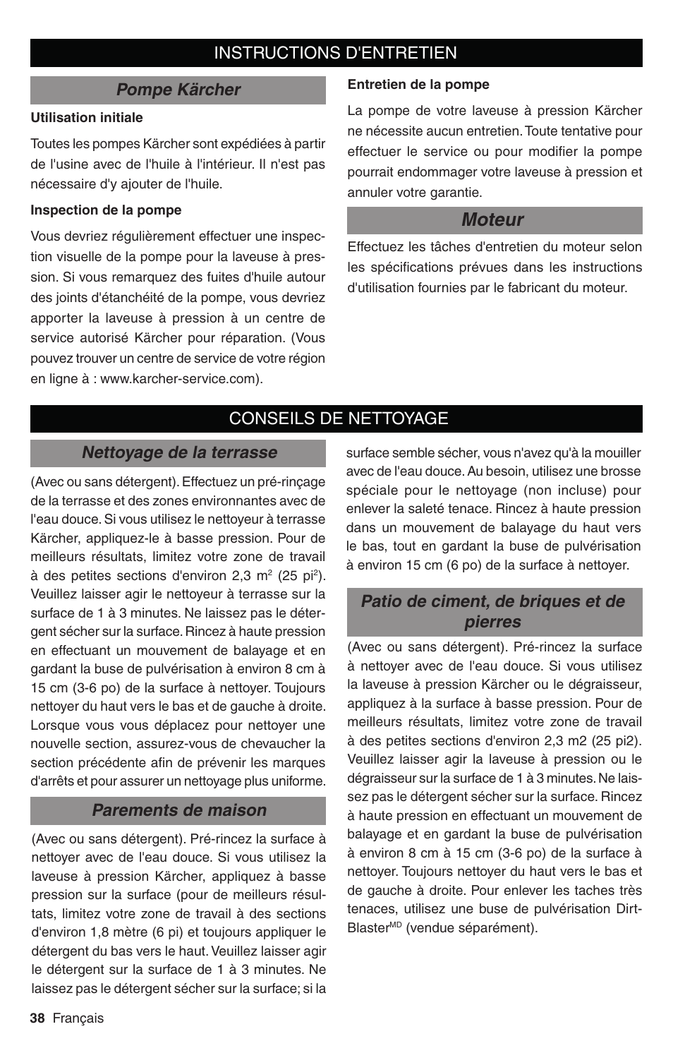 Moteur, Instructions d'entretien pompe kärcher, Patio de ciment, de briques et de pierres | Karcher G 2800 FH User Manual | Page 38 / 44