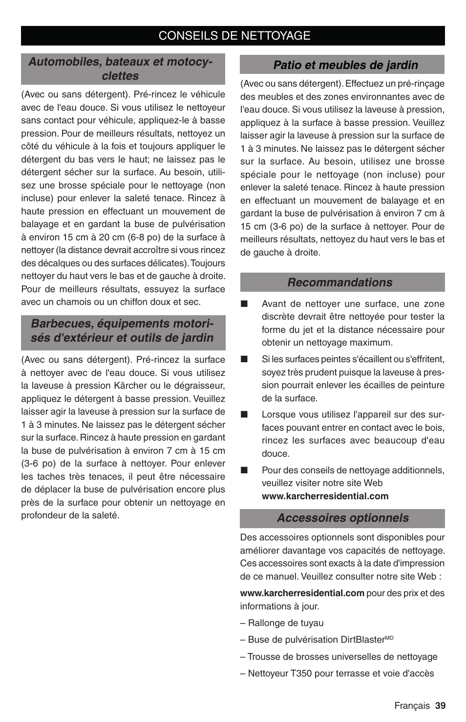 Patio et meubles de jardin conseils de nettoyage | Karcher G 2800 FH User Manual | Page 39 / 44
