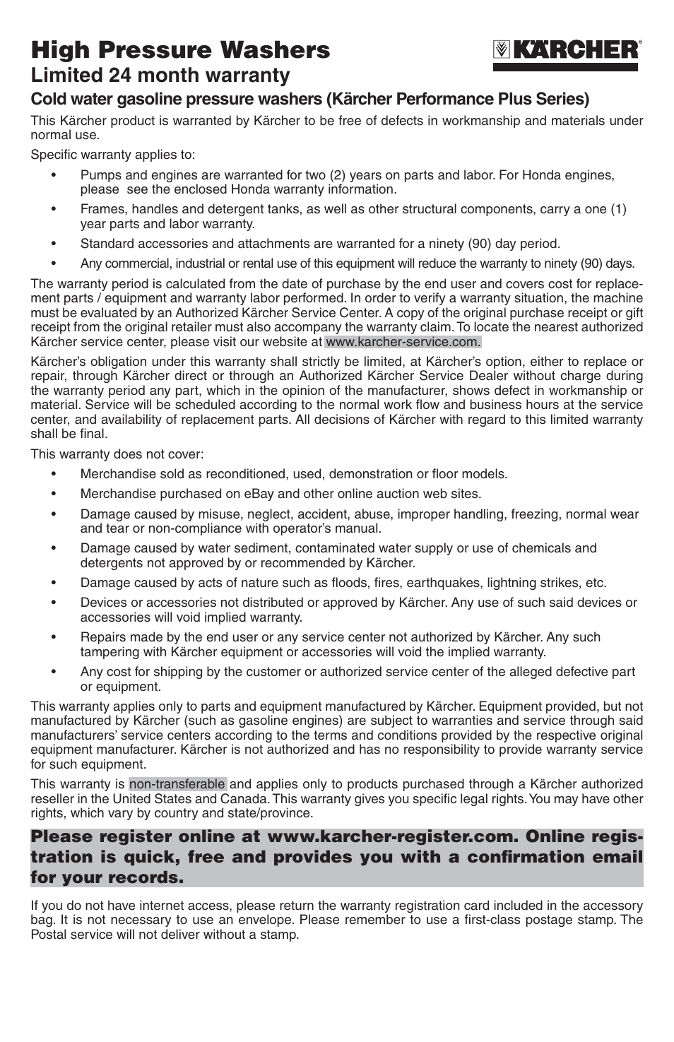 High pressure washers, Limited 24 month warranty | Karcher G 2800 FH User Manual | Page 43 / 44