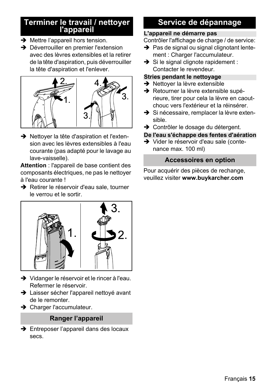 Terminer le travail / nettoyer l'appareil, Service de dépannage | Karcher WV 50 Plus User Manual | Page 15 / 28