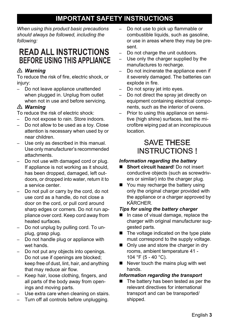 Important safety instruc, Tions, Important safety instructions | Karcher WV 50 Plus User Manual | Page 3 / 28