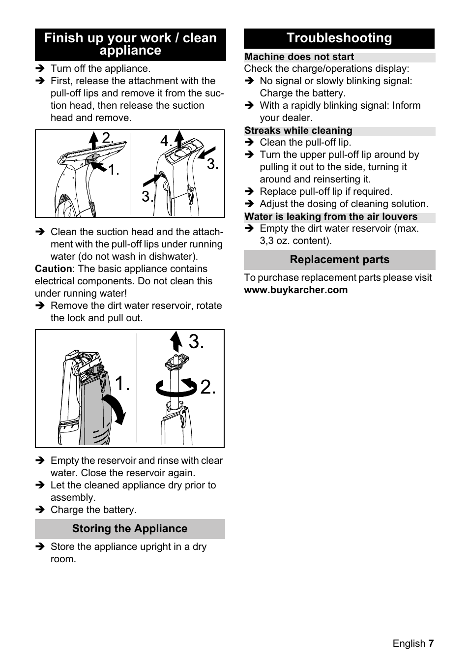 Finish up your work / clean appliance, Troubleshooting | Karcher WV 50 Plus User Manual | Page 7 / 28