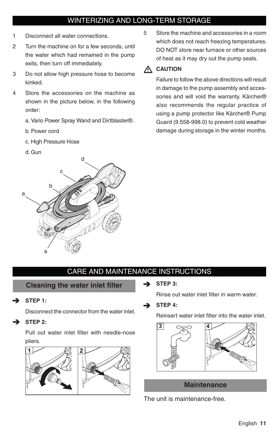 Cleaning the water inlet ﬁ lter maintenance | Karcher K 3 Follow Me User Manual | Page 11 / 46