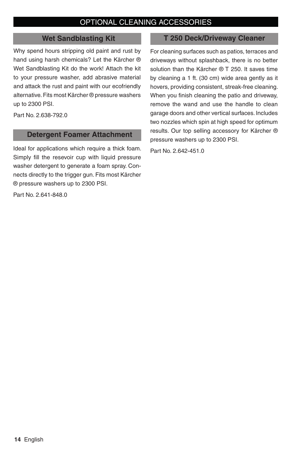 Wet sandblasting kit, Detergent foamer attachment, T 250 deck/driveway cleaner | Optional cleaning accessories | Karcher K 3 Follow Me User Manual | Page 14 / 46