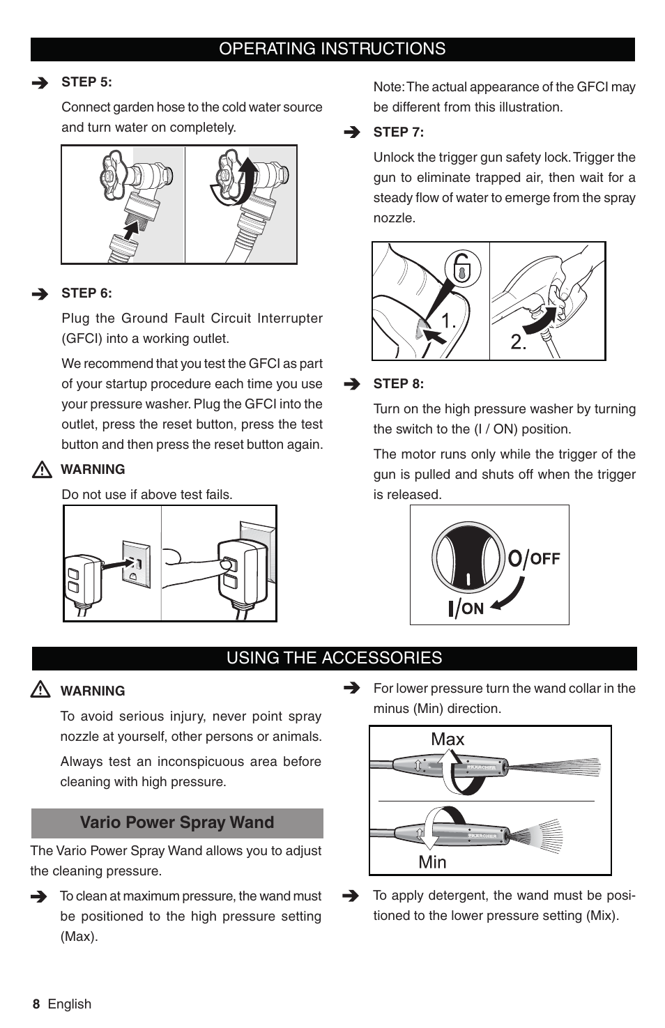 Using the accessories, Vario power spray wand, Operating instructions | Karcher K 3 Follow Me User Manual | Page 8 / 46